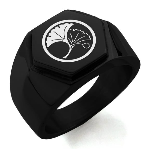 Stainless Steel Yin Yang Ginkgo Leaves Kamon Crest Engraved Hexagon Crest Flat Top Biker Style Polished Ring