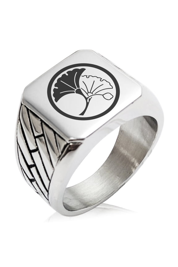 Stainless Steel Yin Yang Ginkgo Leaves Kamon Crest Geometric Pattern Biker Style Polished Ring