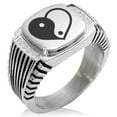 thumbnail image 1 of Stainless Steel Yin Yang Heart CZ Ribbed Needle Stripe Pattern Biker Style Polished Ring, 1 of 1