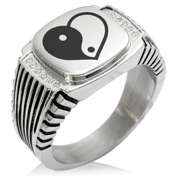 Stainless Steel Yin Yang Heart CZ Ribbed Needle Stripe Pattern Biker Style Polished Ring