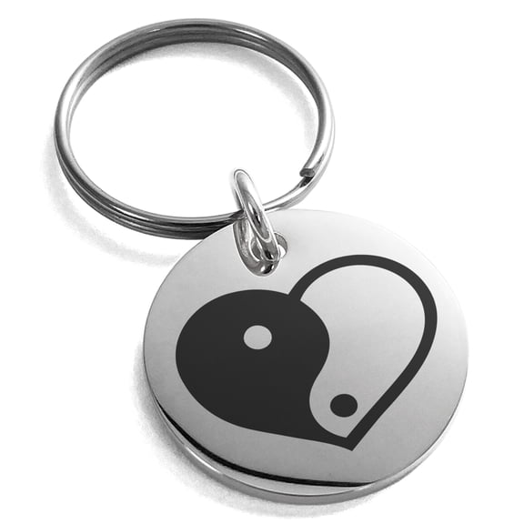 Stainless Steel Yin Yang Heart Engraved Small Medallion Circle Charm Keychain Keyring