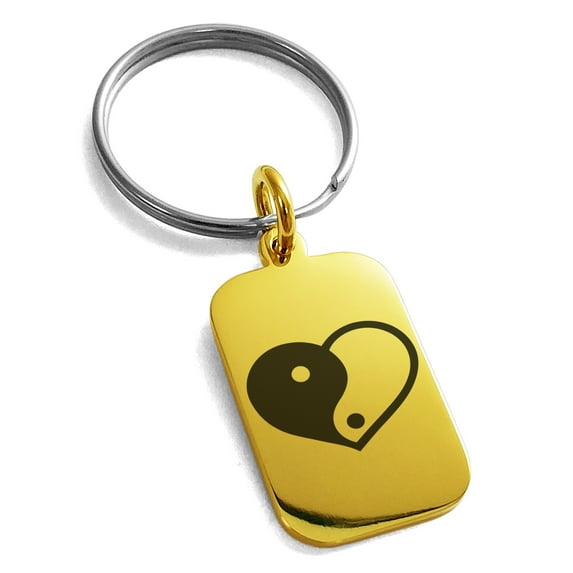 Tioneer Stainless Steel Yin Yang Heart Engraved Small Rectangle Dog Tag Charm Keychain Keyring