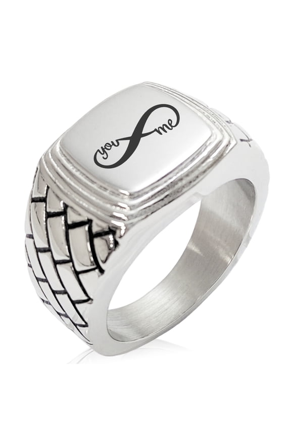Stainless Steel You and Me Infinity Geometric Pattern Step-Down Biker Style Polished Ring