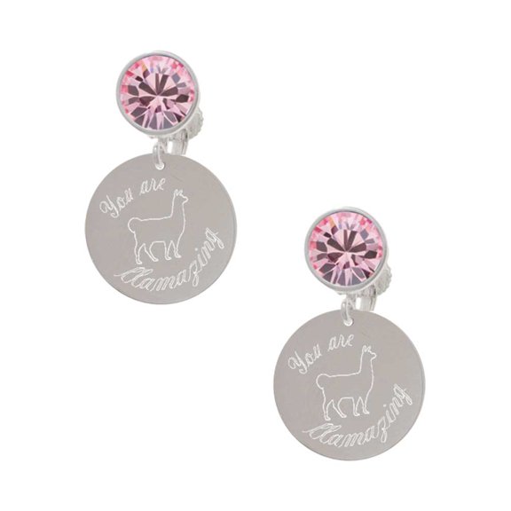 Stainless Steel You are Llamazing Llama Disc - Pink Crystal Clip On Earrings