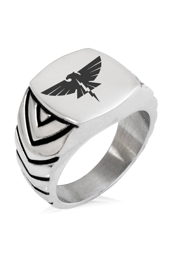 Stainless Steel Zeus Greek God of Sky Chevron Pattern Biker Style Polished Ring