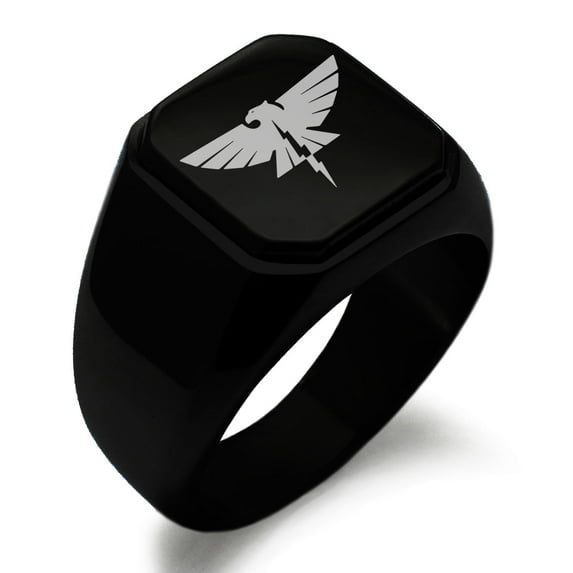 Tioneer Stainless Steel Zeus Greek God of Sky Engraved Square Flat Top Biker Style Polished Signet Ring