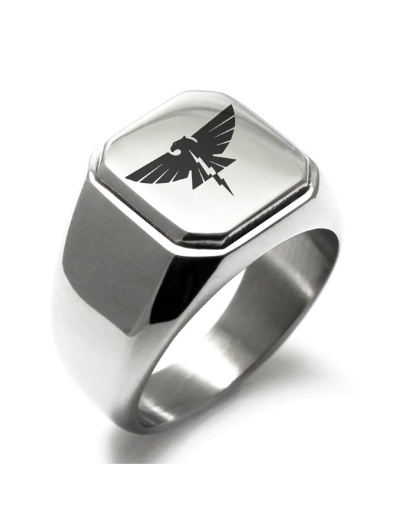 Stainless Steel Zeus Greek God of Sky Engraved Square Flat Top Biker Style Polished Signet Ring