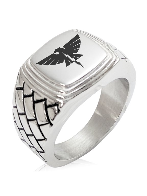 Stainless Steel Zeus Greek God of Sky Geometric Pattern Step-Down Biker Style Polished Ring