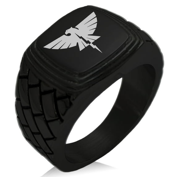 Stainless Steel Zeus Greek God of Sky Geometric Pattern Step-Down Biker Style Polished Ring
