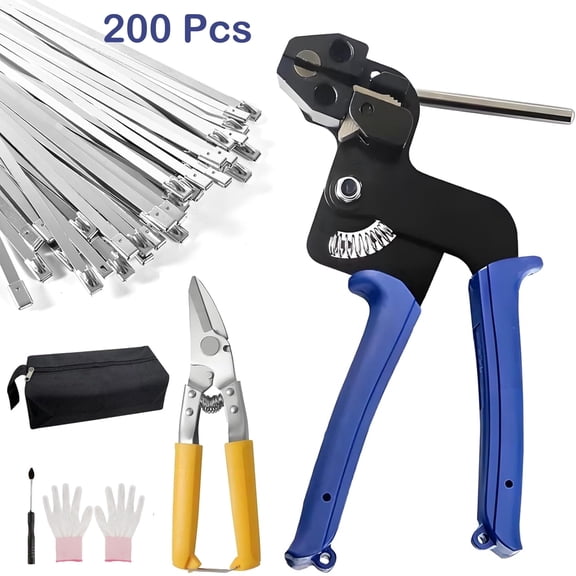 Stainless Steel Cable Zip Tie Gun Kit, Metal Tie Wrap Gun Kit,with 200pcs 11.8 inch Self-Locking Metal Steel Zip Ties forFixing Fences, Pipes, Etc