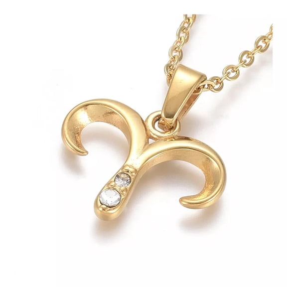 Stainless Steel Zirconia Moon and Zodiac Pendant Cable Necklace Lobster Clasp Sheep Horn Gold 17.5 Inch A242