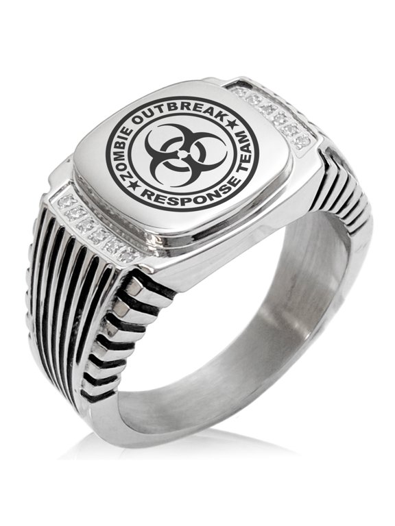 Stainless Steel Zombie Outbreak Response Team CZ Ribbed Needle Stripe Pattern Biker Style Polished Ring