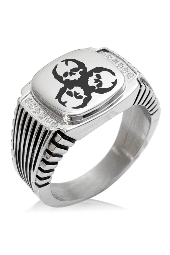 Stainless Steel Zombie Skull Biohazard CZ Ribbed Needle Stripe Pattern Biker Style Polished Ring
