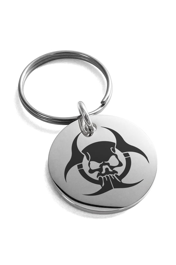 Stainless Steel Zombie Skull Biohazard Engraved Small Medallion Circle Charm Keychain Keyring