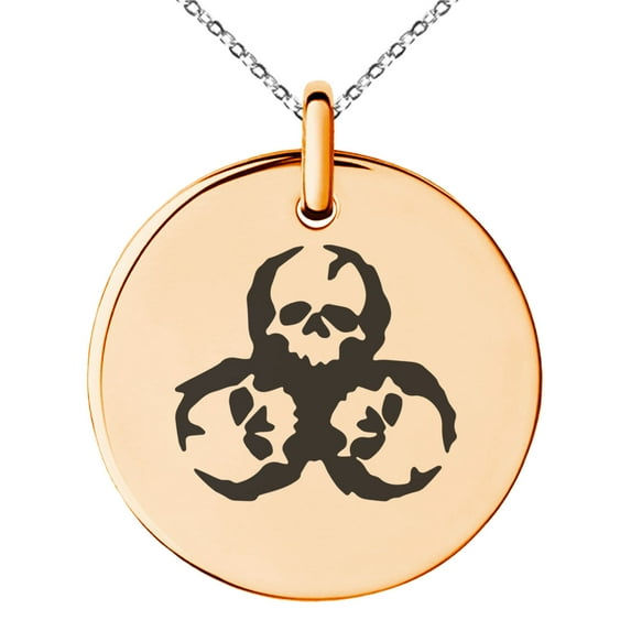 Stainless Steel Zombie Skull Biohazard Engraved Small Medallion Circle Charm Pendant Necklace