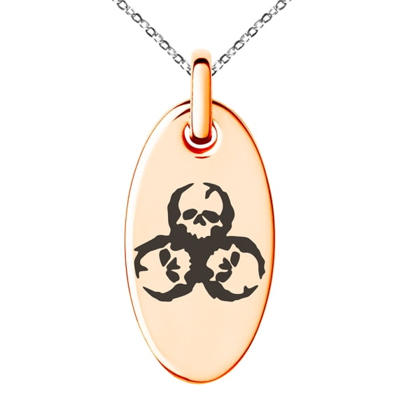 Tioneer Stainless Steel Zombie Skull Biohazard Engraved Small Oval Charm Pendant Necklace