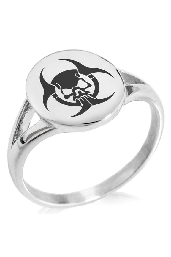 Stainless Steel Zombie Skull Biohazard Minimalist Oval Top Polished Statement Signet Ring