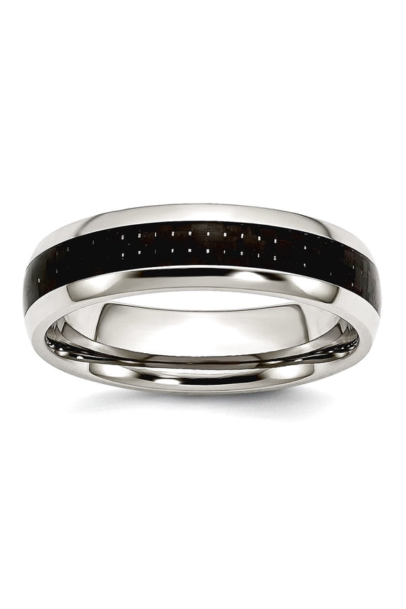 Stainless Steel and Black Carbon Fiber 6mm Polished Band Ring Size 9 Ring for Women and Men