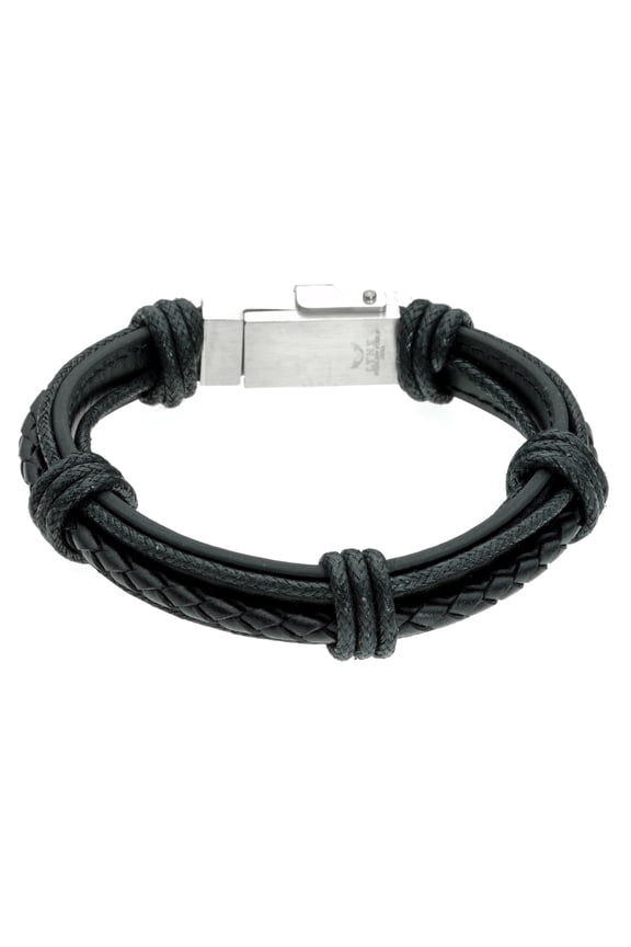 Metro Jewelry Men's Stainless Steel Black Multi-Strand Genuine Leather Bracelet with USB Charging and Magnetic Clasp