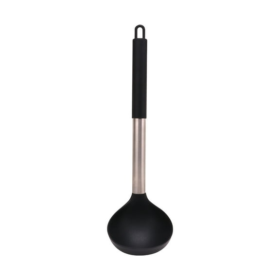 Stainless Steel and Plastic Soup Spoon - Ergonomic Stirring Spoon for Soups, Sauces, Rice, and Porridges, Durable and Lightweight Kitchen Tool,Black