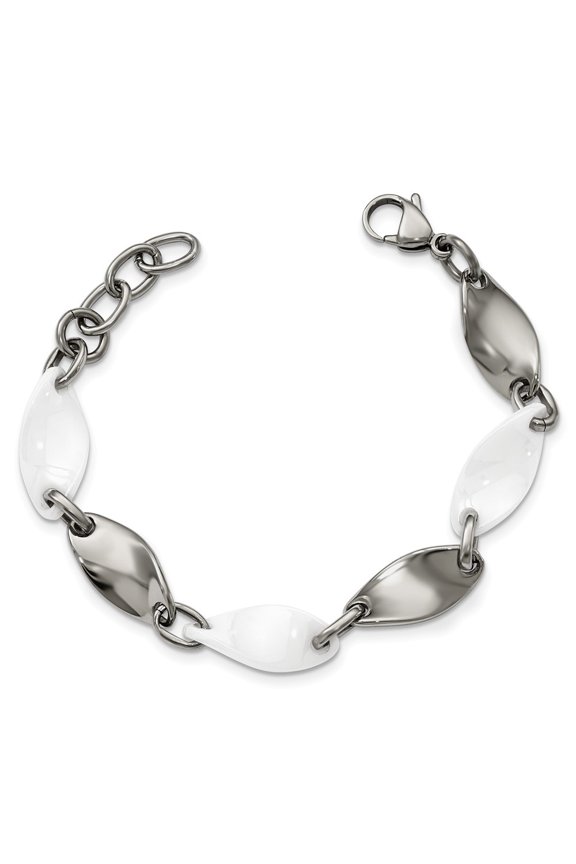 Stainless Steel and White Ceramic Polished Bracelet - 7.75 Inch - Measures 9.5mm Wide