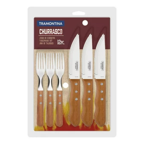 Stainless Steel and Wood Knife and Fork 12 Set - Tramontina Juego de Cubiertos Asado