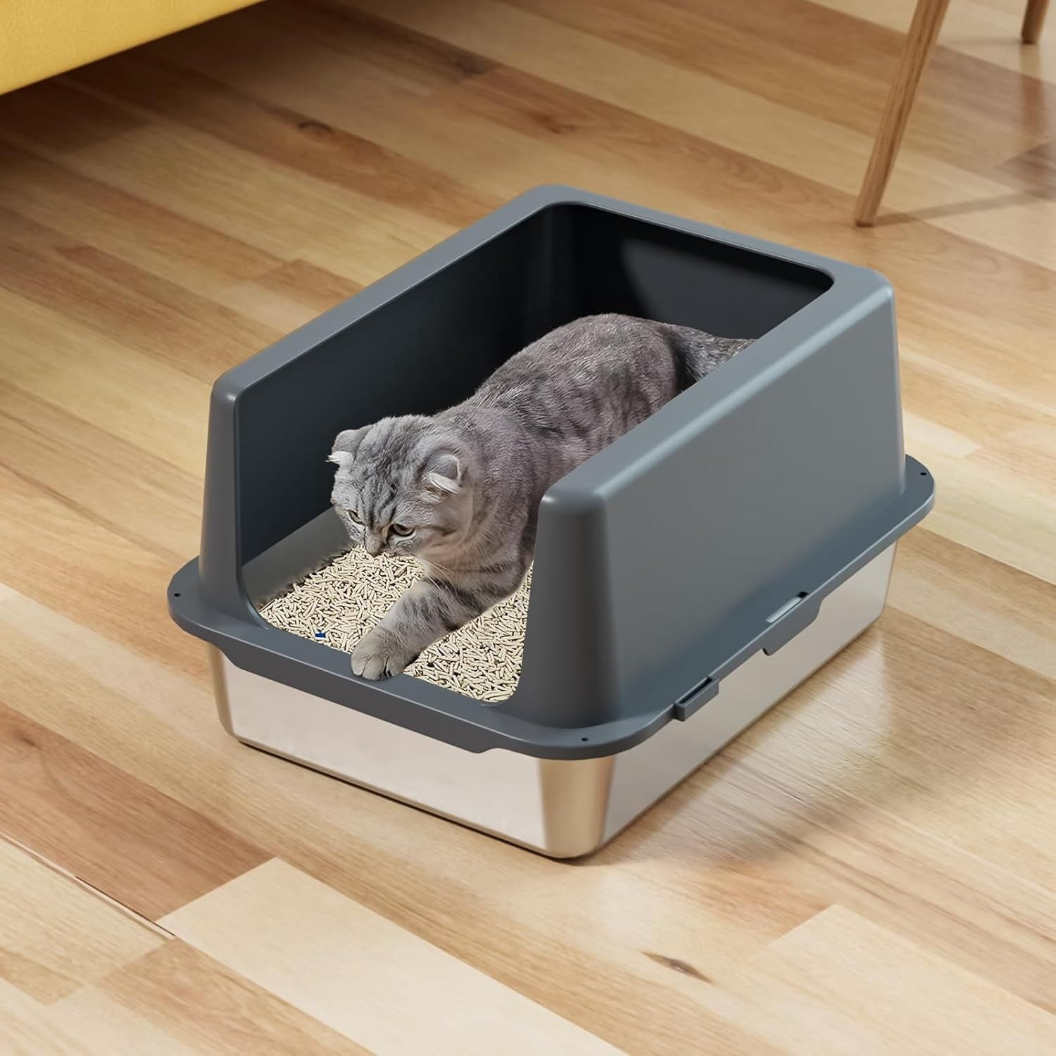 Stainless Steel cat Litter Box, Covered Metal Litter Box, cat Litter Pans with high Sides, Kitty Litter Boxes for Indoor Cats (Non Sticky, Easy to Clean, Anti-Urine Leakage) 17.5" L x 13.5" W x 4" H