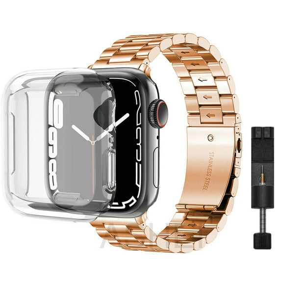 Stainless Steel iWatch Strap Band with Clear Protective Cover for Apple Watch Series 7 41mm 45mm