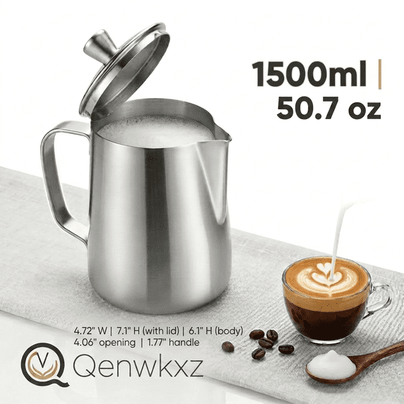 Stainless Steel milk frothing jug with Lid, 50.7 oz Espresso Steaming Pitcher, Large Barista Jug for Latte Art & Coffee
