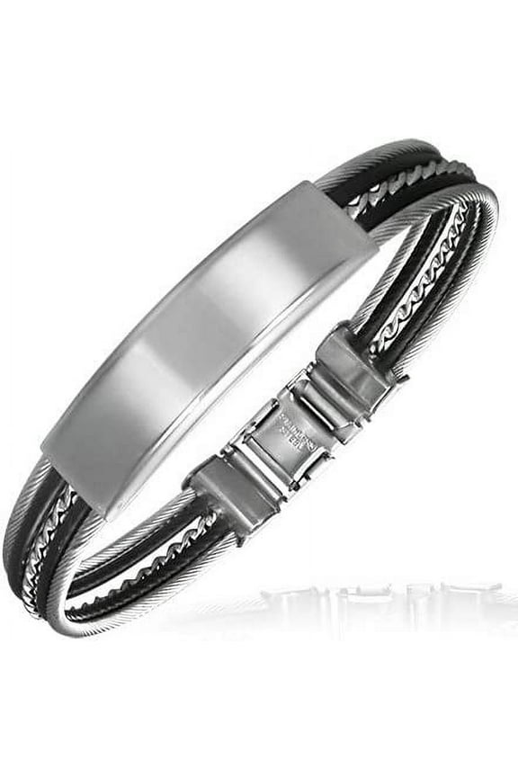 Stainless Steel w/ Black Rubber 2-tone Watch-Style Celtic Twisted Cable Wire Bracelet