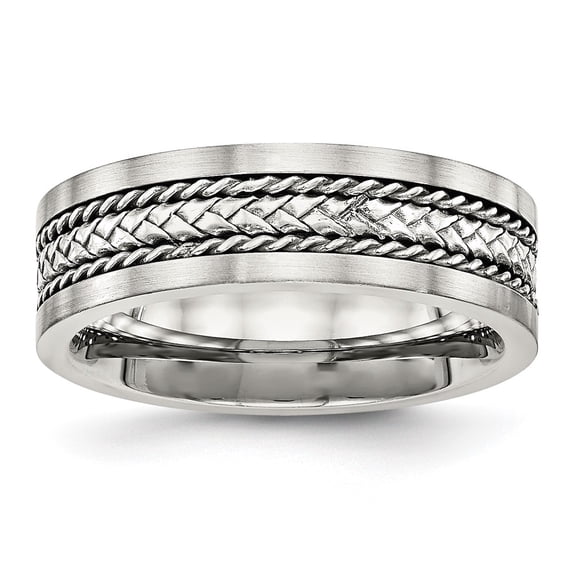 Stainless Steel w/Sterling Silver Inlay Polished/Brushed Edge 7mm Band