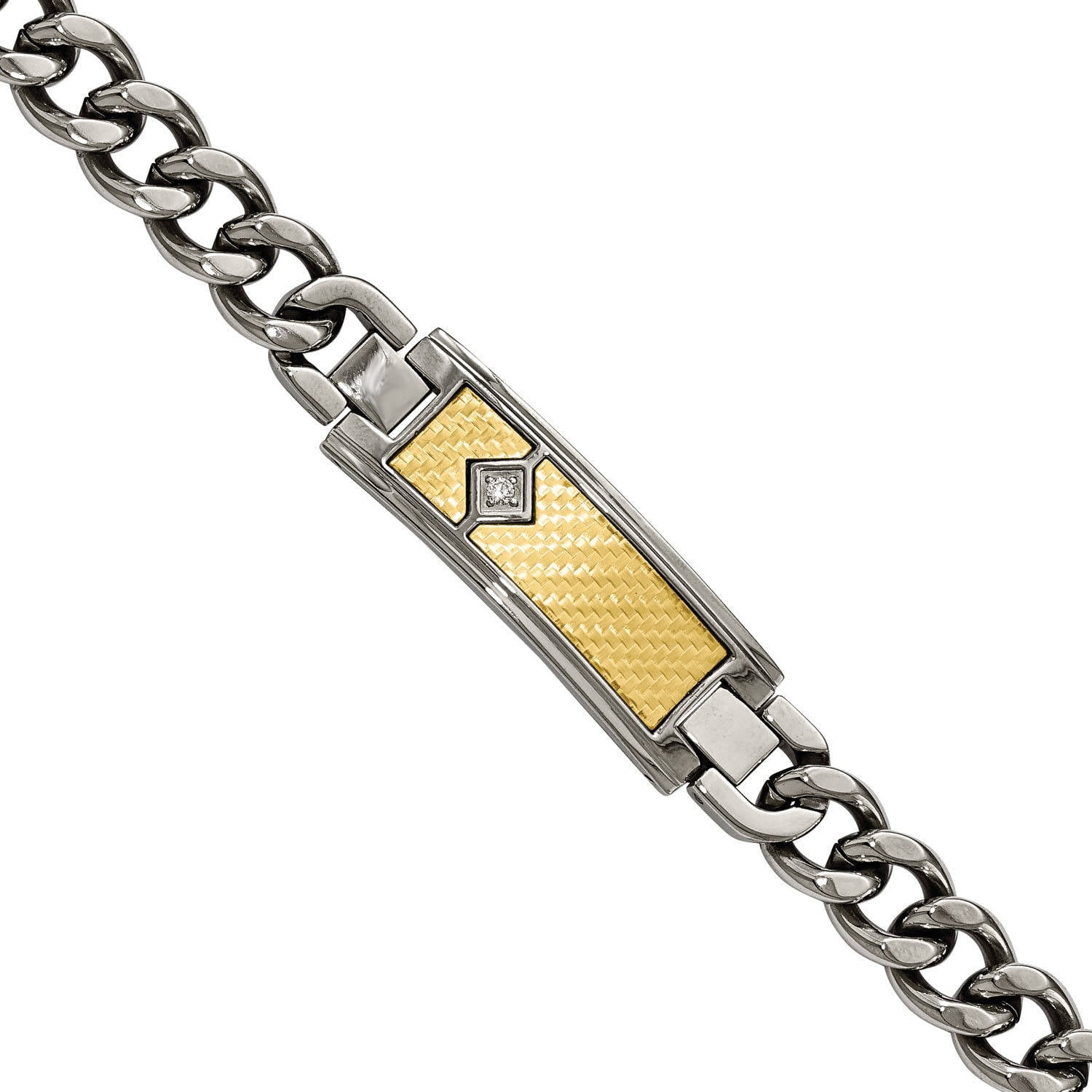 PRECIOUS ACCENTS Stainless Steel with 18kt Polished Weave Textured Diamond ID Bracelet