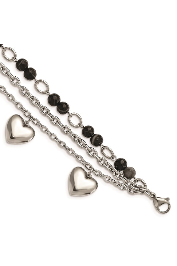 Stainless Steel with Black and White Agate with Hearts Bracelet Fine Jewelry For Women Gifts For Her, 7.5"