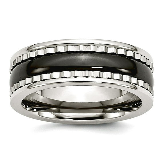 8mm Stainless Steel Polished With Sawtooth Accent and Black Ceramic Center Band Ring Size 7 Ring for Women and Men