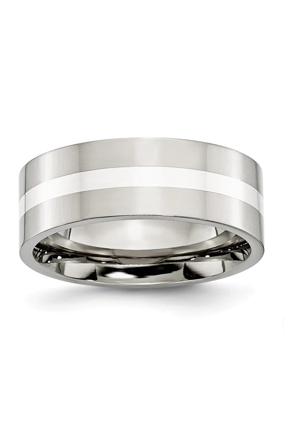 Stainless Steel Sterling Silver Inlay Flat 8mm Polished Band