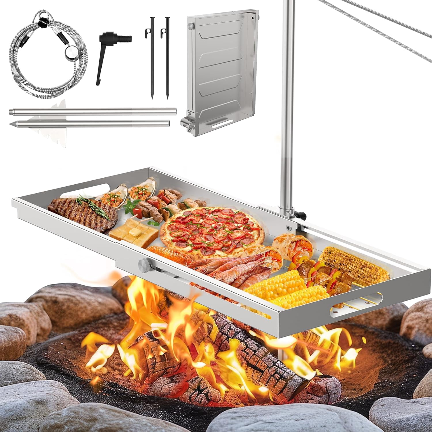 Stainless Steel Camping Grill – 16x24 Inch, Adjustable Height, 360° Rotating & Foldable For Fire Pit Cooking