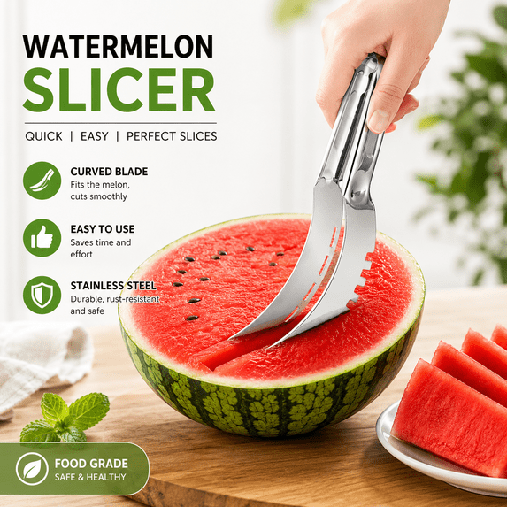 Stainless Watermelon Cutter, Fruit Slicer Corer Dicer Multi-Functional Manual Slicing Tool Kitchen Fruit Prep Accessory Quick Easy Summer Fruit Server Fruit Tool Dicer Light Gray
