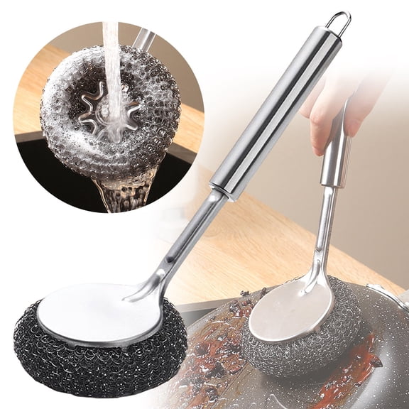 Stainless Wool Scrubber Set Long/Short Handle Metal Scrubbers, for Kitchen Pots/Pans/Grills/Stoves Bradem