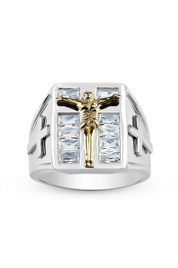 Stainless steel 2 Tone Men's Crystal Crucifix Ring