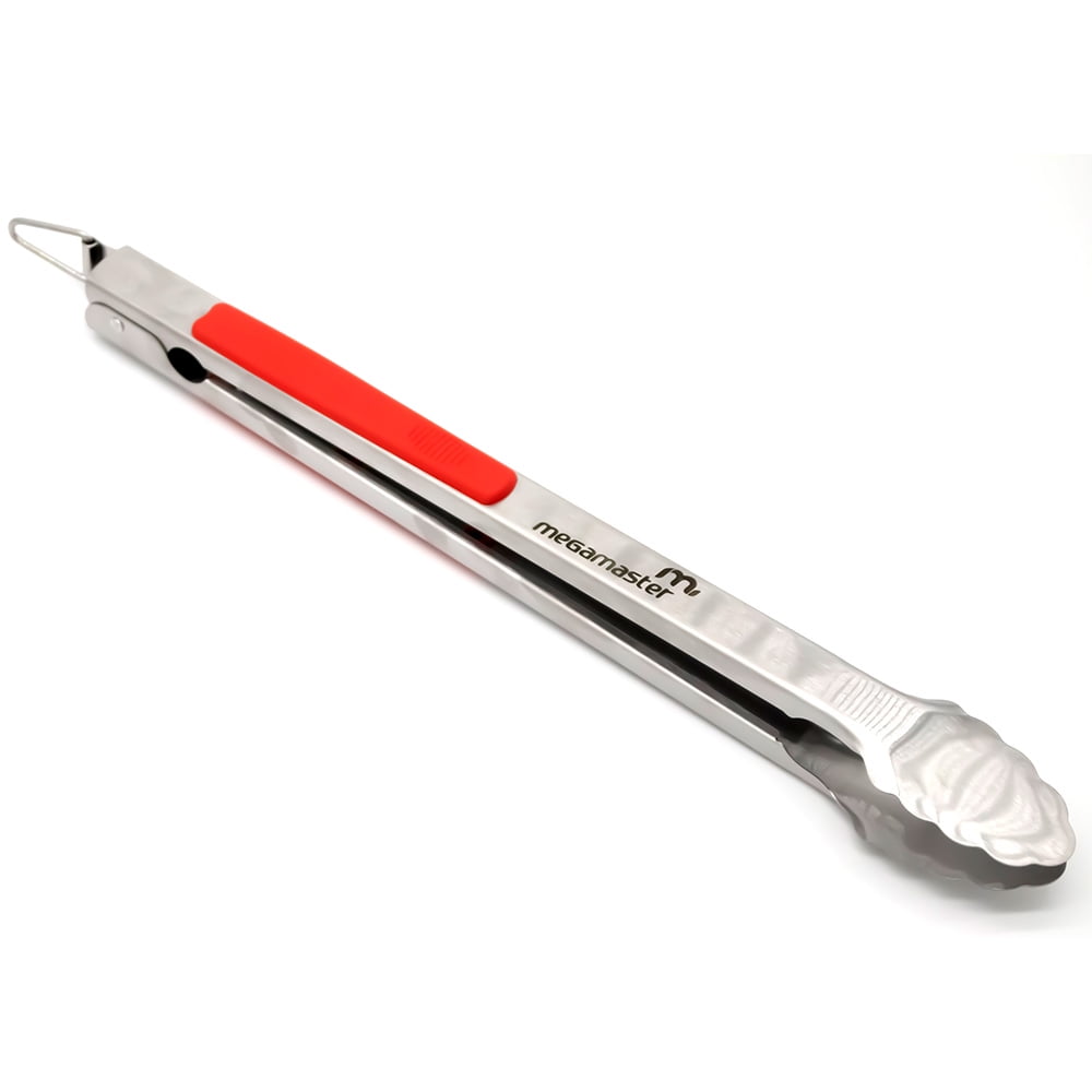 Megamaster 16" Polished Stainless Steel Grill Tongs with Red Grip