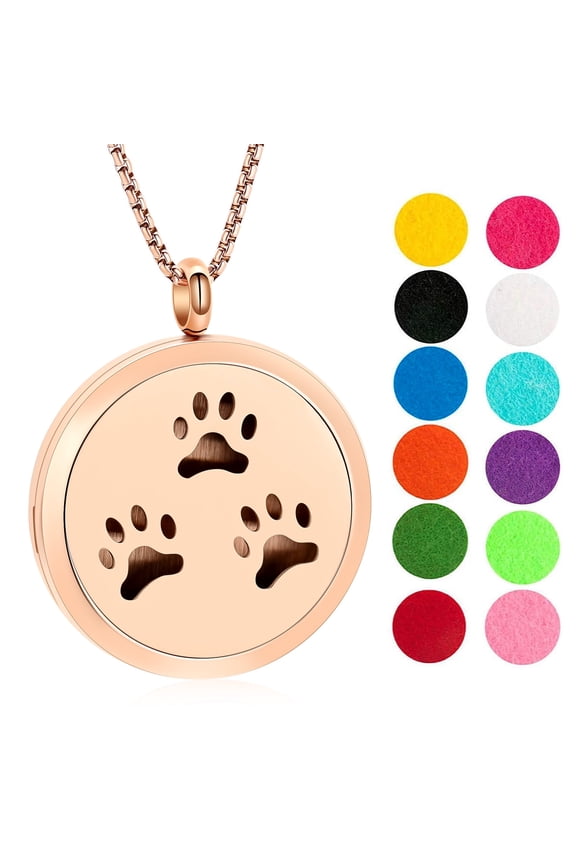 Stainless steel Round Openwork Paw Print Perfume Essential Oil Diffuser Necklace Locket Aromatherapy