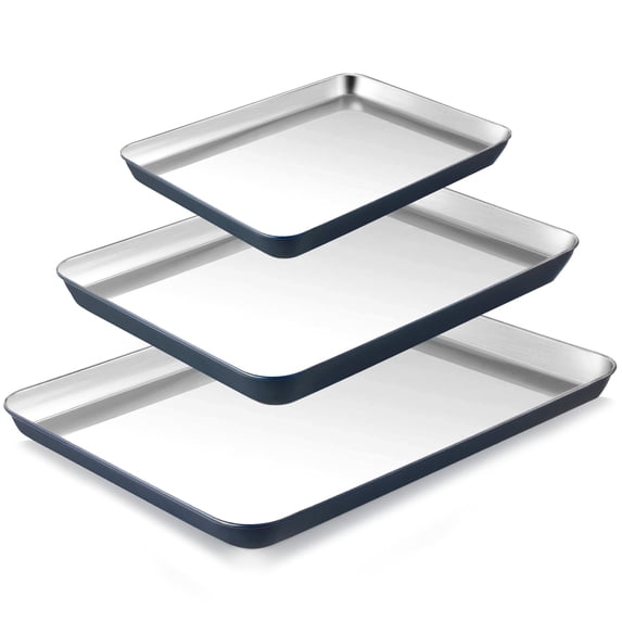 HONGBAKE Stainless Steel Baking Sheet Set of 3, Non Toxic Uncoated Cookie Sheets for Baking, 9/12/16 inch Baking Sheet Pans for Oven, Blue