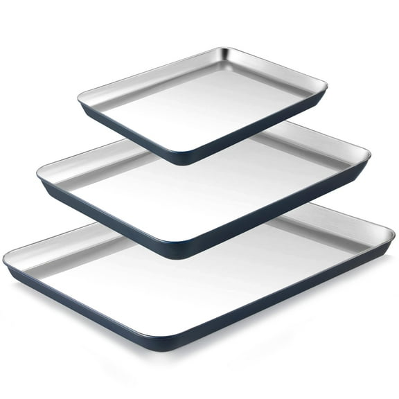 HONGBAKE Non Toxic Stainless Steel Baking Sheet Pan Set of 3, Cookie Sheets for Baking Nonstick - 58% Thicker Heavy Duty Cooking Trays for Oven & Toasters, 9/12/16 Inch, Blue