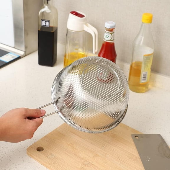 Stainless steel basin colander, kitchen filter with handle, rest feet and colander, used to tighten, rinse, fry, steam or cook vegetables and pasta and wash fruits