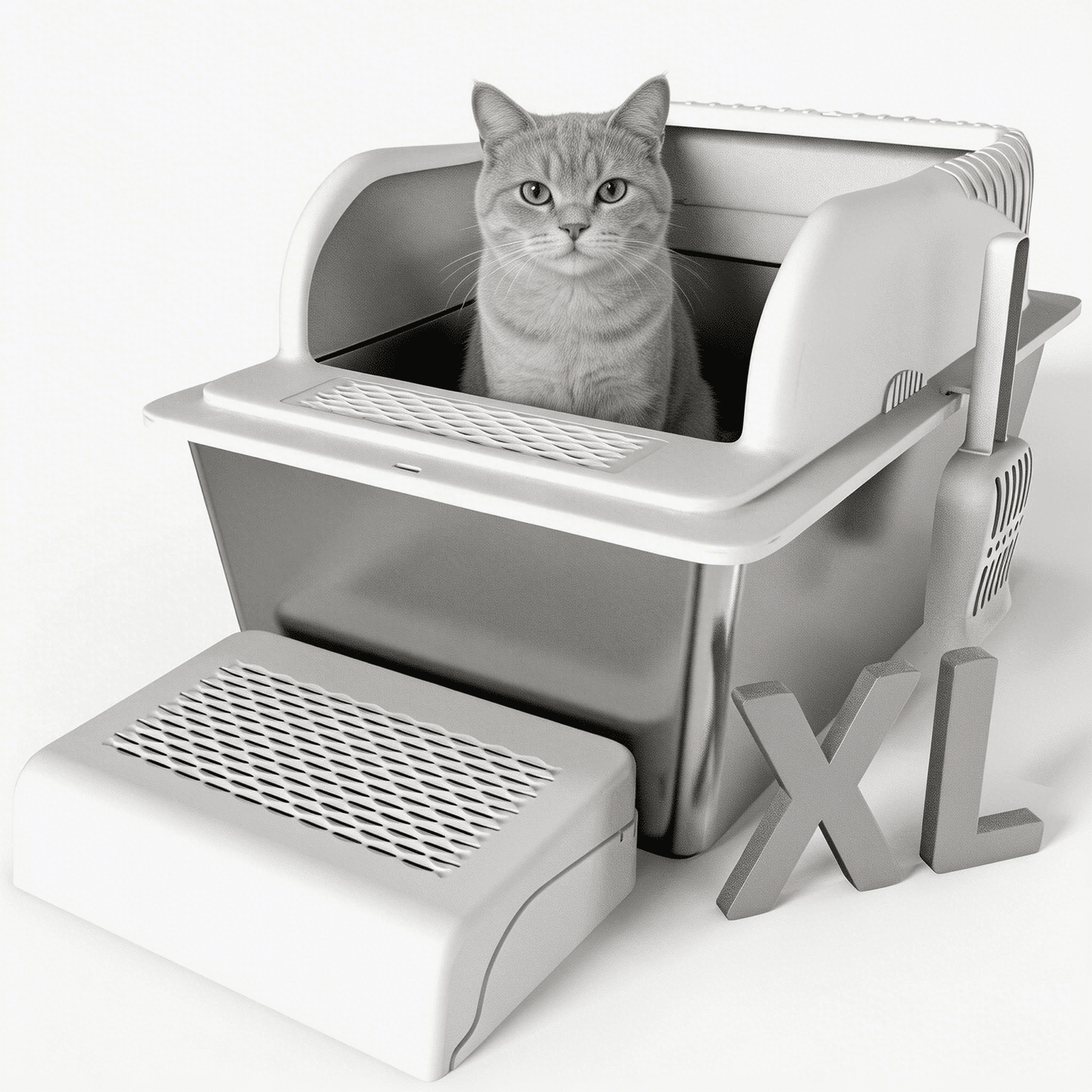 Stainless Steel Cat Litter Box with High Side, Extra Large Litter Box with Lid for Big Cats, Non-Stick Litter Pan with Scoop and Footboard, XL, Gray