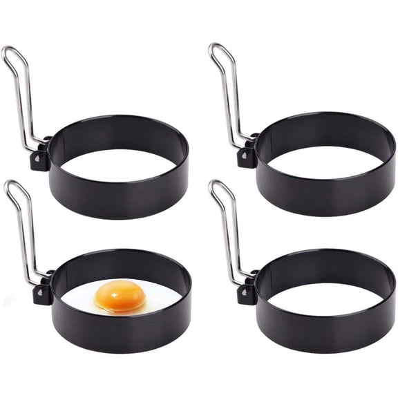 Stainless steel egg ring, Fried egg shaped non-stick egg rings with folding handles Round egg rings For cooking fried eggs / pancakes / omelets and more (M (10.2cm*2.1cm), Black 4 pack)
