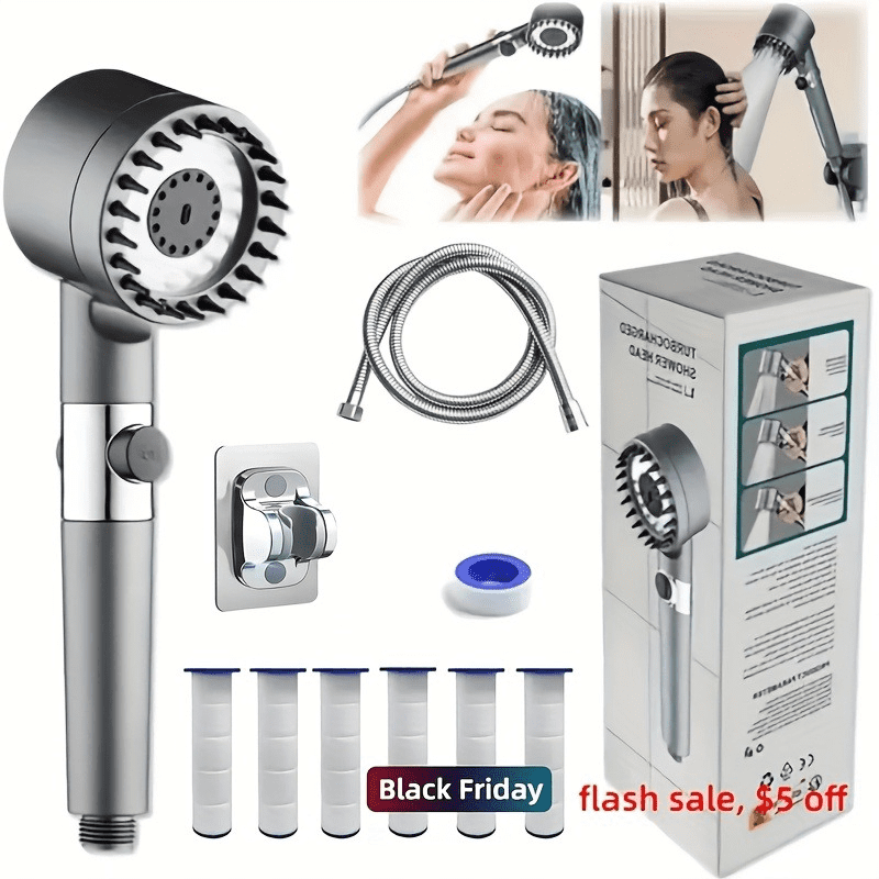 Stainless steel fixture + 5 filter shower set, with 3 adjustable modes ...
