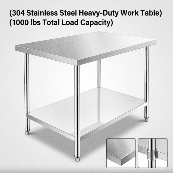 Stainless steel food preparation and work table, measuring 30 48 inches, equipped with an adjustable base and adjustable legs, suitable for restaurants, kitchens, homes, and hotels