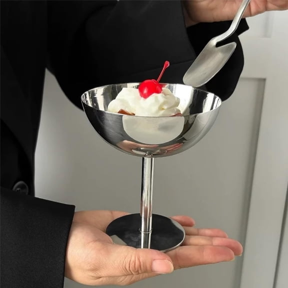 Stainless steel ice cream cup, usable as a serving bowl for desserts, sundaes, fruits, salads, snacks, cocktails, and condiments.
