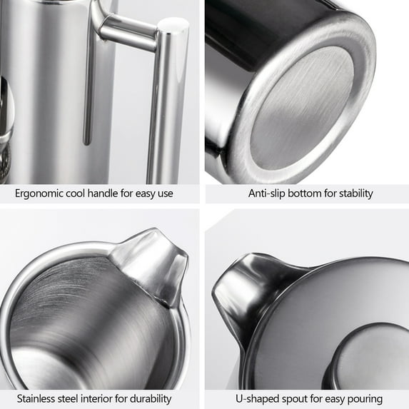 Stainless steel kettle,Pot 350ml/800ml/1000ml French Press French Press Coffee Stainless Steel Walled Maker Stainless Steel Coffee Maker Steel Walled Coffee Dsfen Huiop 1000ml